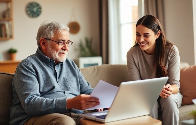 Family member helping a senior with paperwork at home